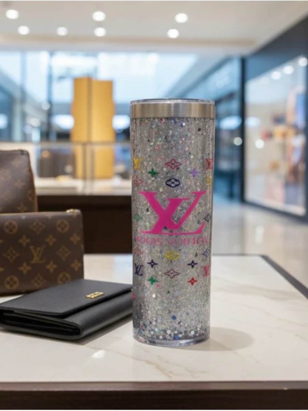 Louis Vuitton Silver Glitter Monogram Travel Tumbler with Pink Logo